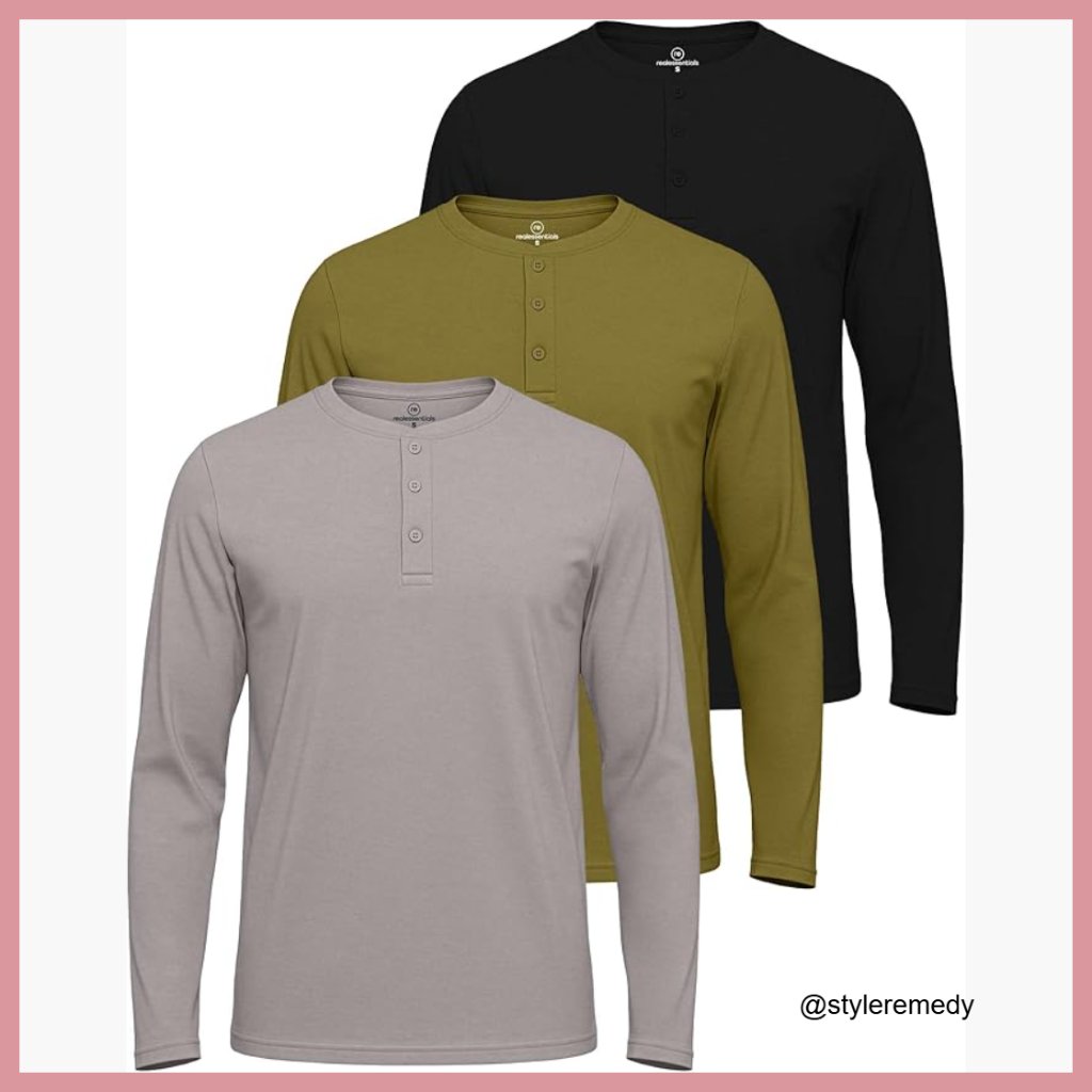 Cotton Long Sleeve Henley T-Shirt 3 Pack - Casual Work Activewear